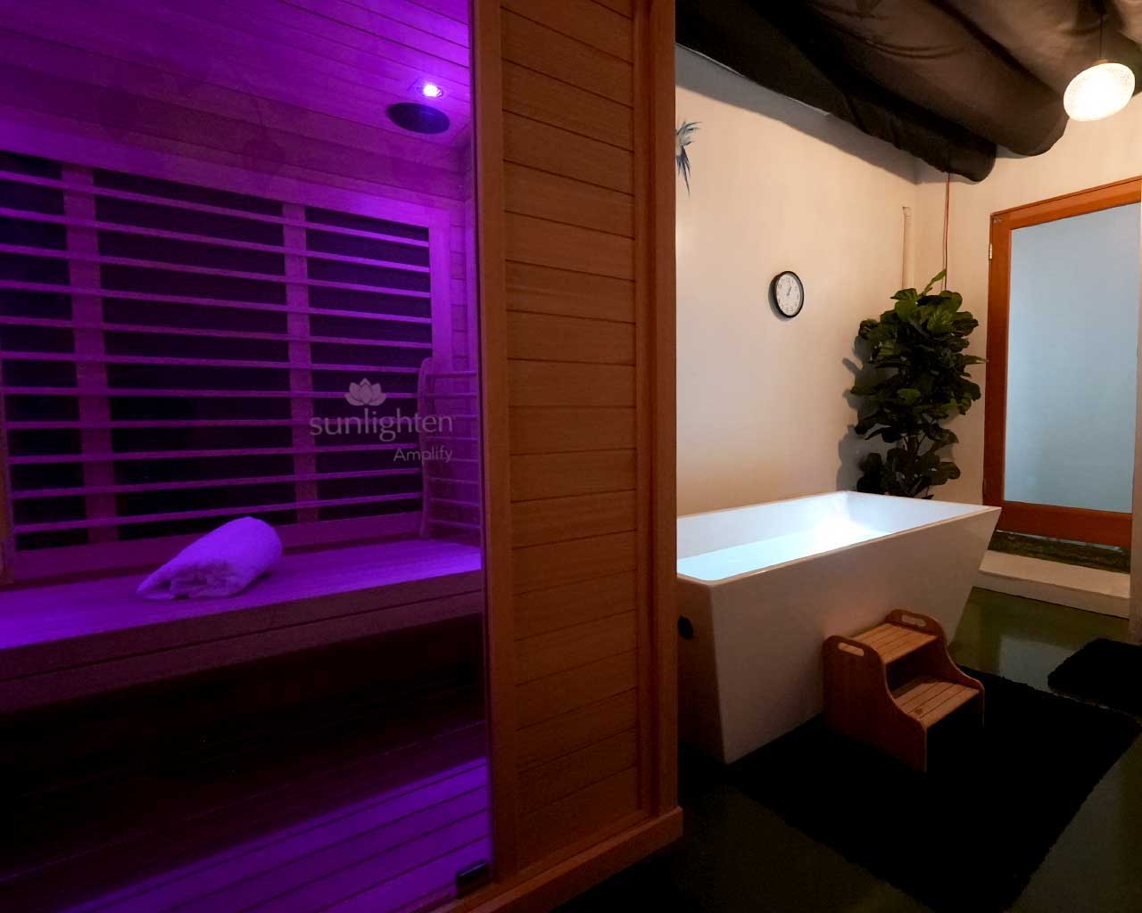 Recovery room with sauna and cold plunge at Next Level Holistic Healing in Santa Monica, CA