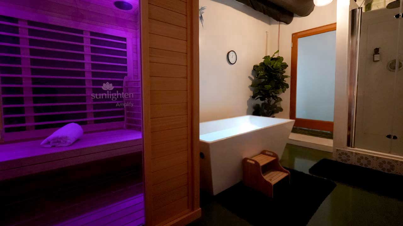 Recovery room with sauna and cold plunge at Next Level Holistic Healing in Santa Monica, CA